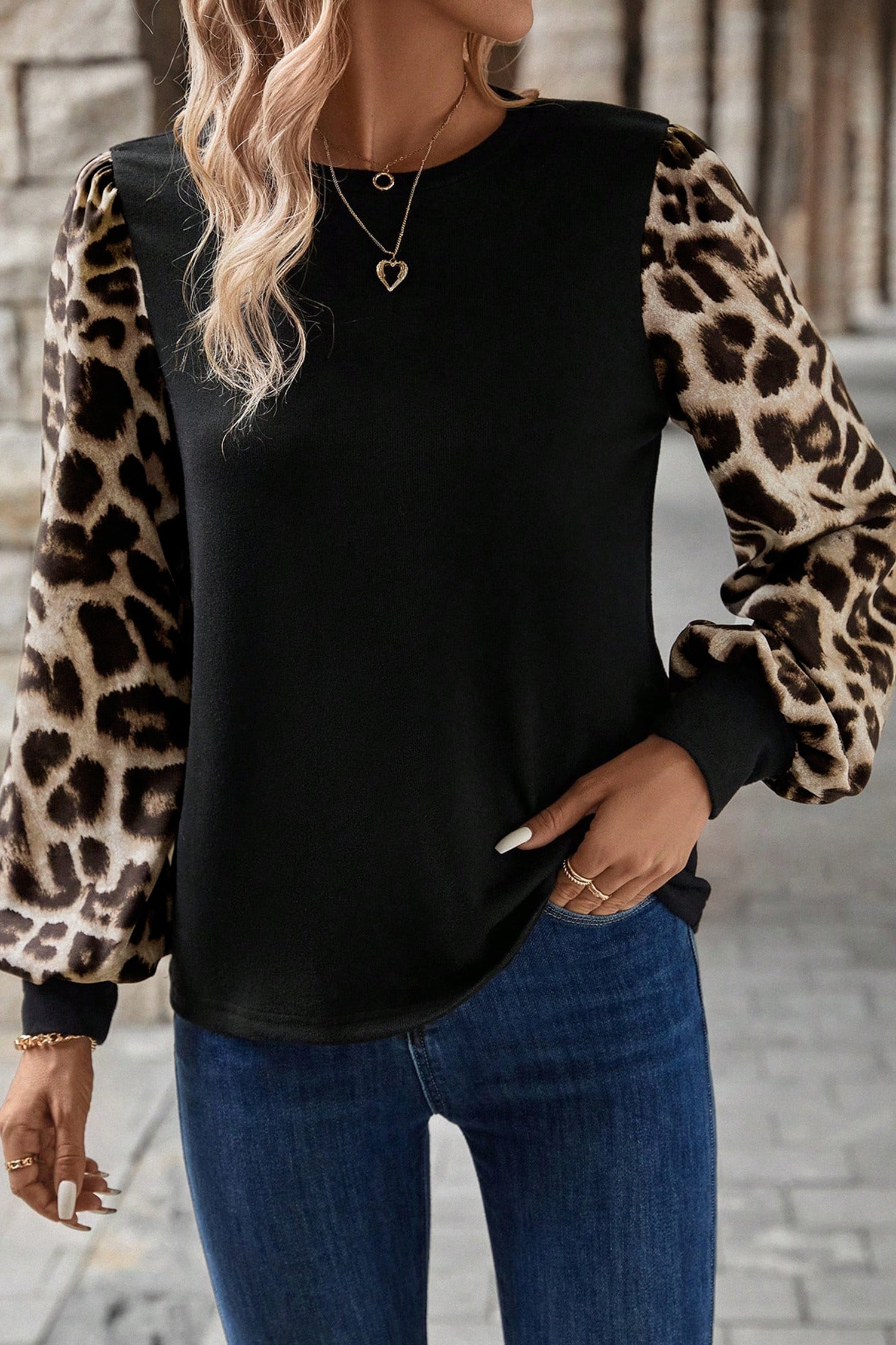 Khaki Leopard Puff Sleeve Patchwork Top Bazaare Mart Tops/Long Sleeve Tops