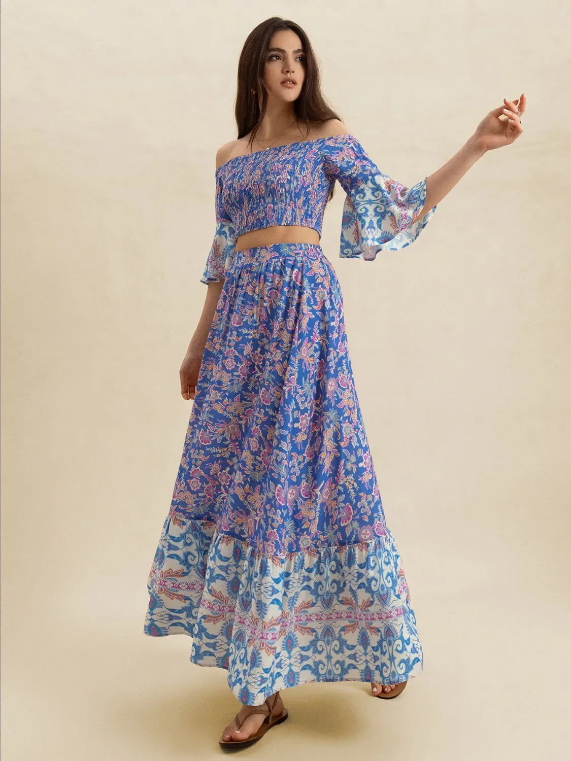 Smocked Off-Shoulder Printed Top and Skirt Set Bazarre Mart