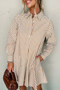 Brown Stripe Ruffle Hem Collared Long Sleeve Shirt Dress Brown Stripe 100%Polyester Shewin Short Dresses