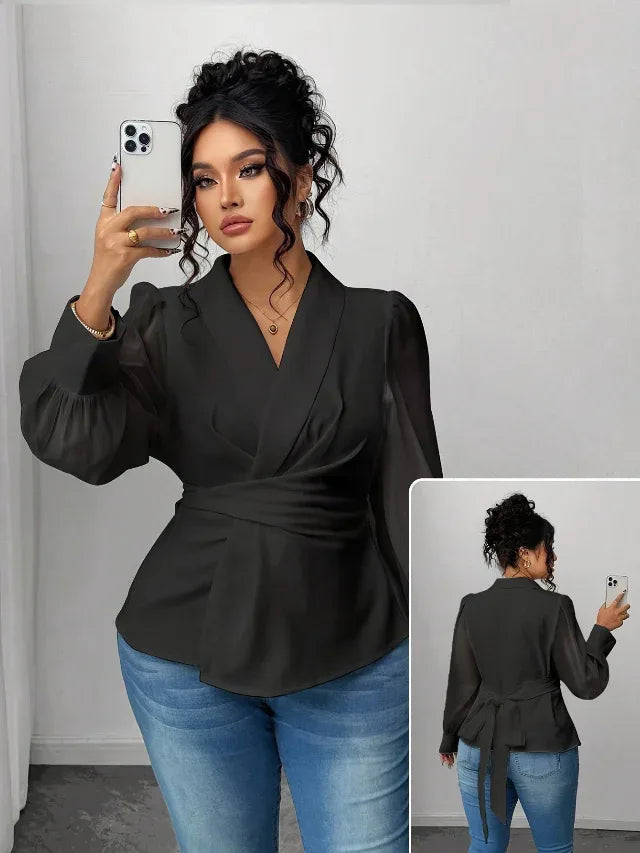 Mesh Semi-Sheer Wrap Button-Front Long Sleeve Blouse Bazaare Mart Mesh Wrap Long Sleeve Blouse