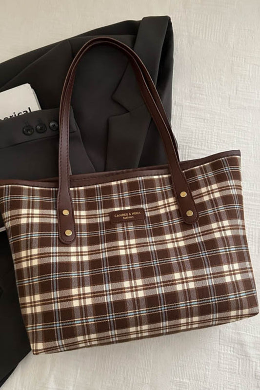 Brown Plaid PU Leather Tote Bag