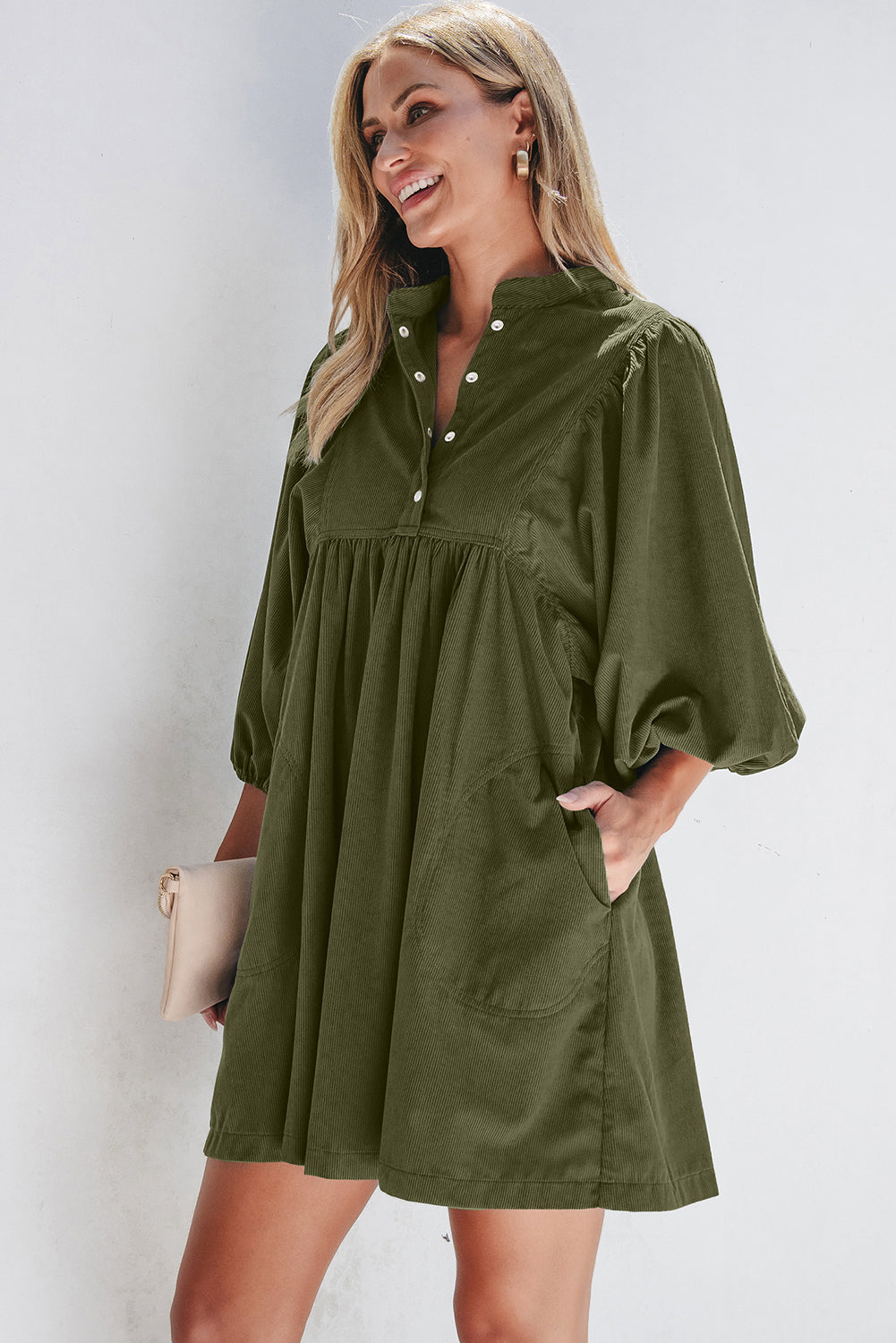 Army Green Corduroy 1/4 Snap Empire Waist Bracelet Sleeve Dress