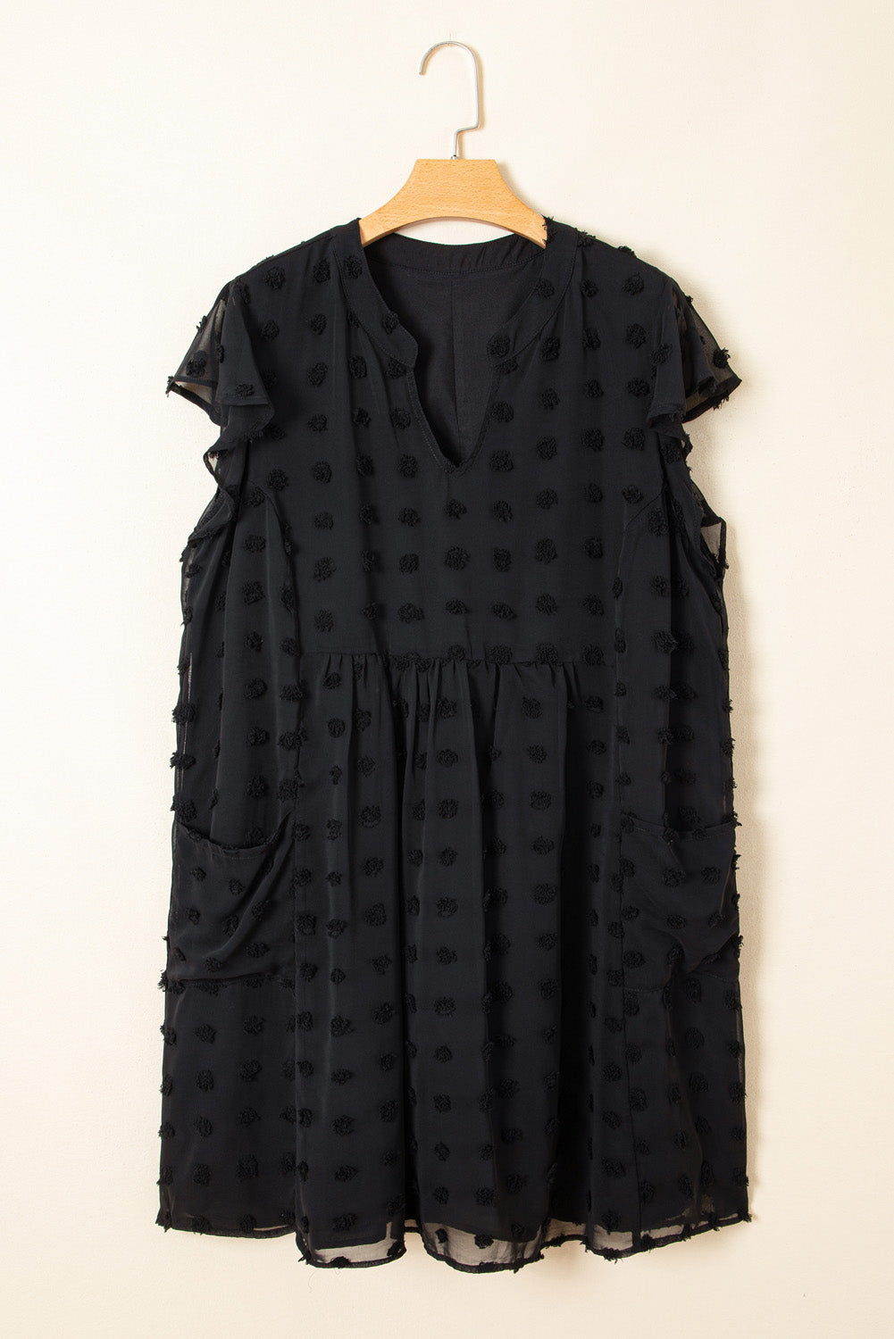Black Dotty Textured Notched Neck Cap Sleeve Dress