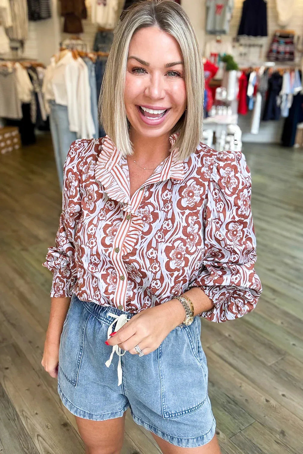 Floral Frilled Stripe Trim Button Long Sleeve Blouse