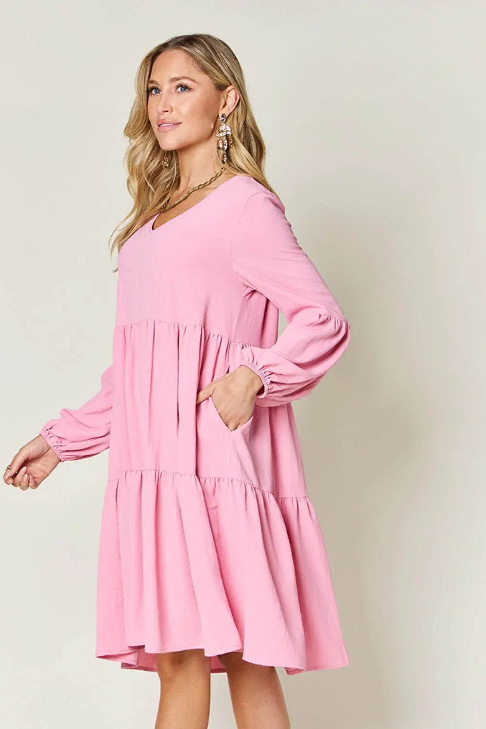 Solid V-Neck Long Balloon Sleeve Tiered Dress Bazaare Mart Long Sleeve Layered Dress