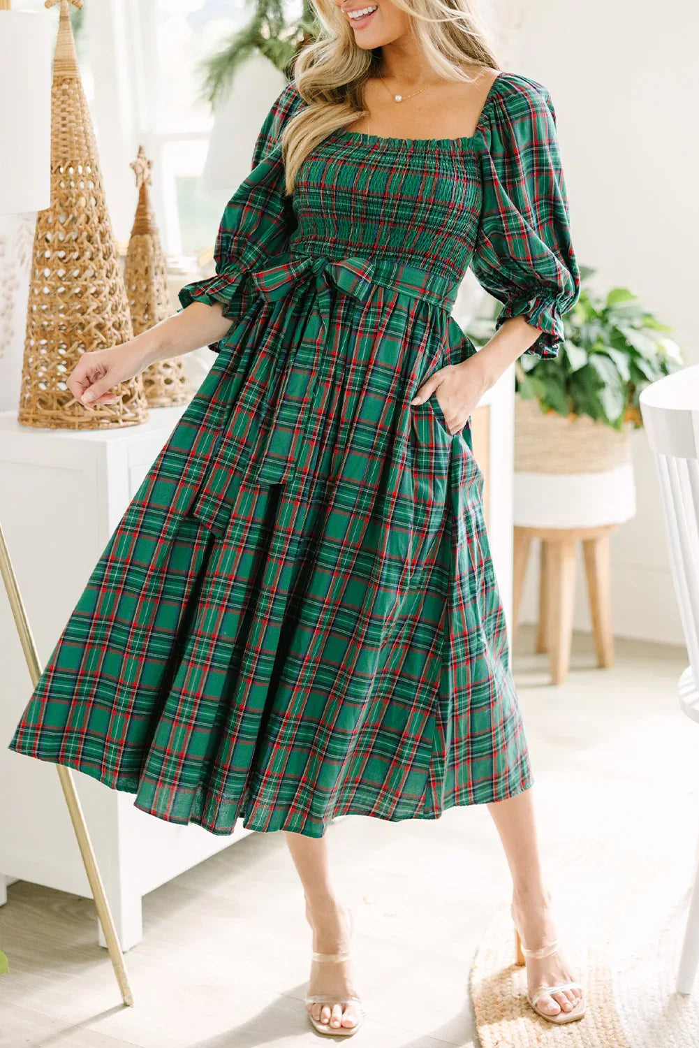 Tartan Plaid Square Neck Puff Sleeve Flared Midi Dress Green 75%Polyester+25%Cotton Bazaarre Mart Dresses/Maxi Dresses