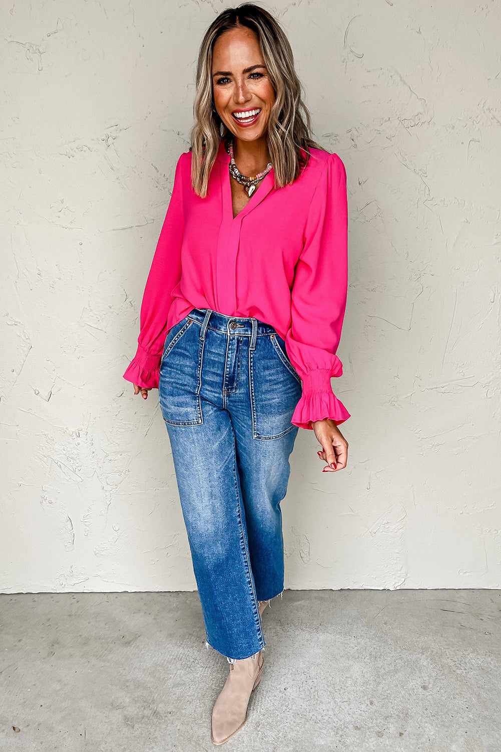 Magenta Long Sleeve Shirred Cuff V Neck Blouse
