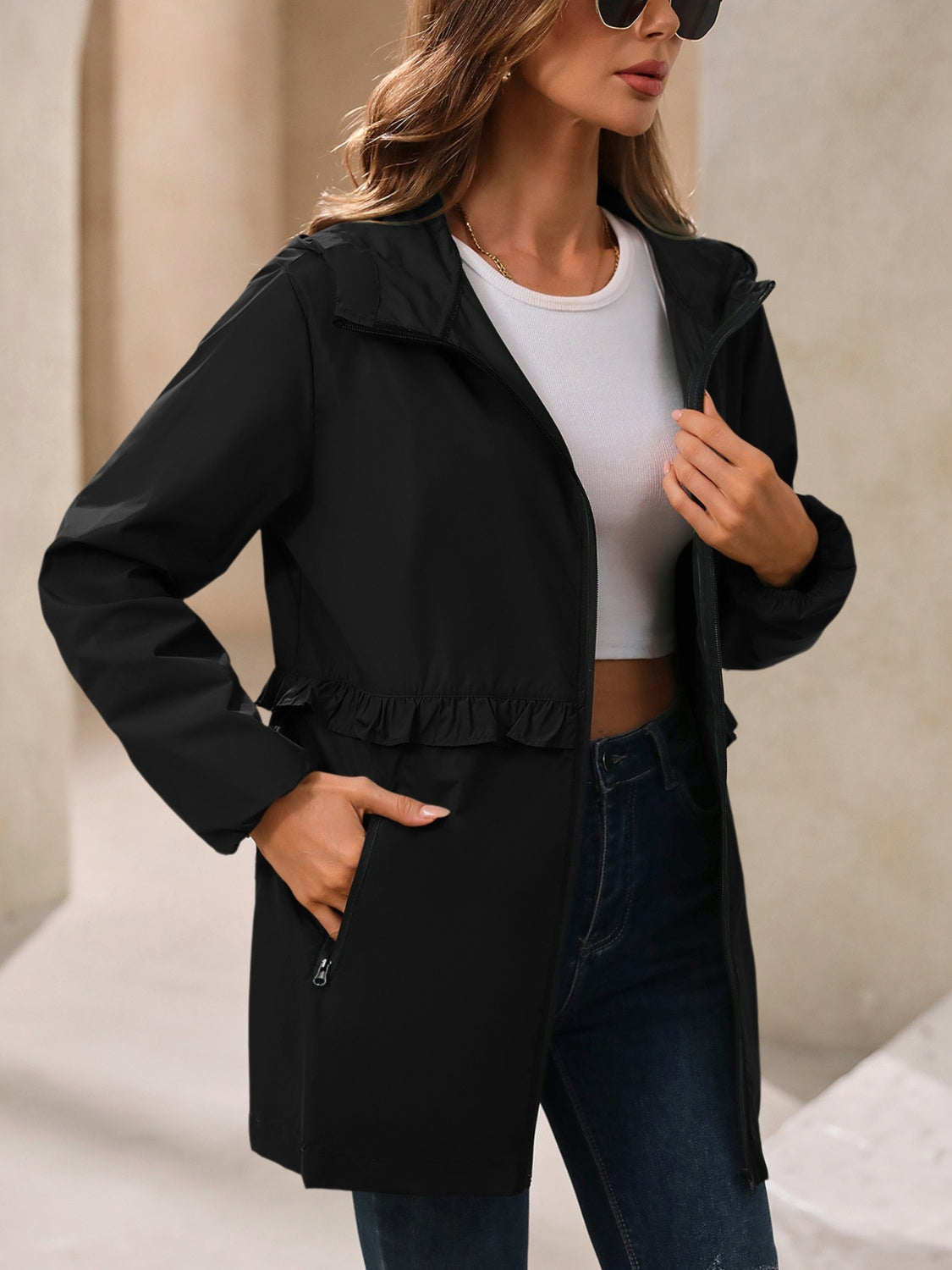 Waterproof Gathered Waist Hooded Jacket