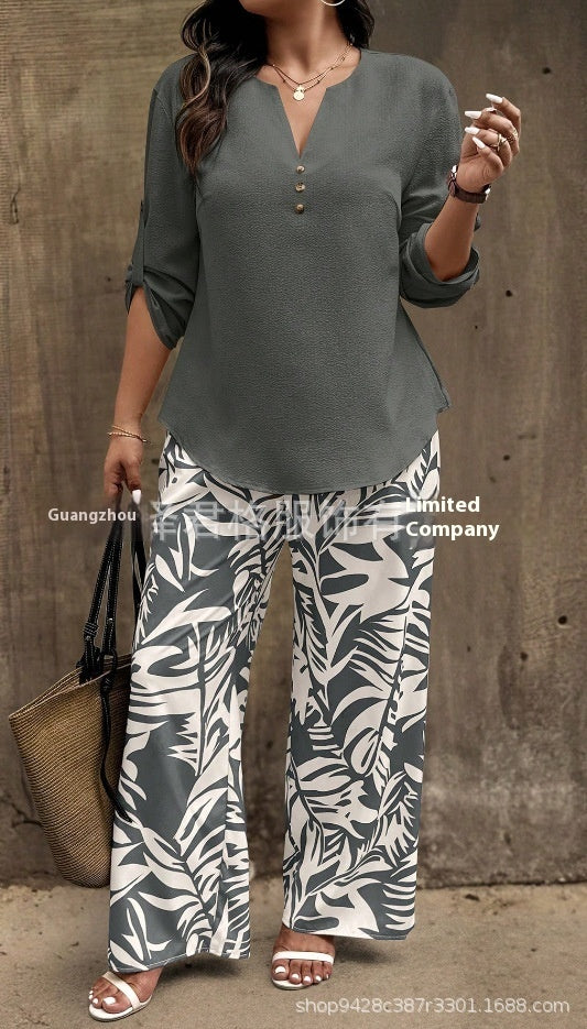 Ladies V-neck Shirt with Tropical Printed Pants 6 Style CJ Dropshipping Tropical Pants Set