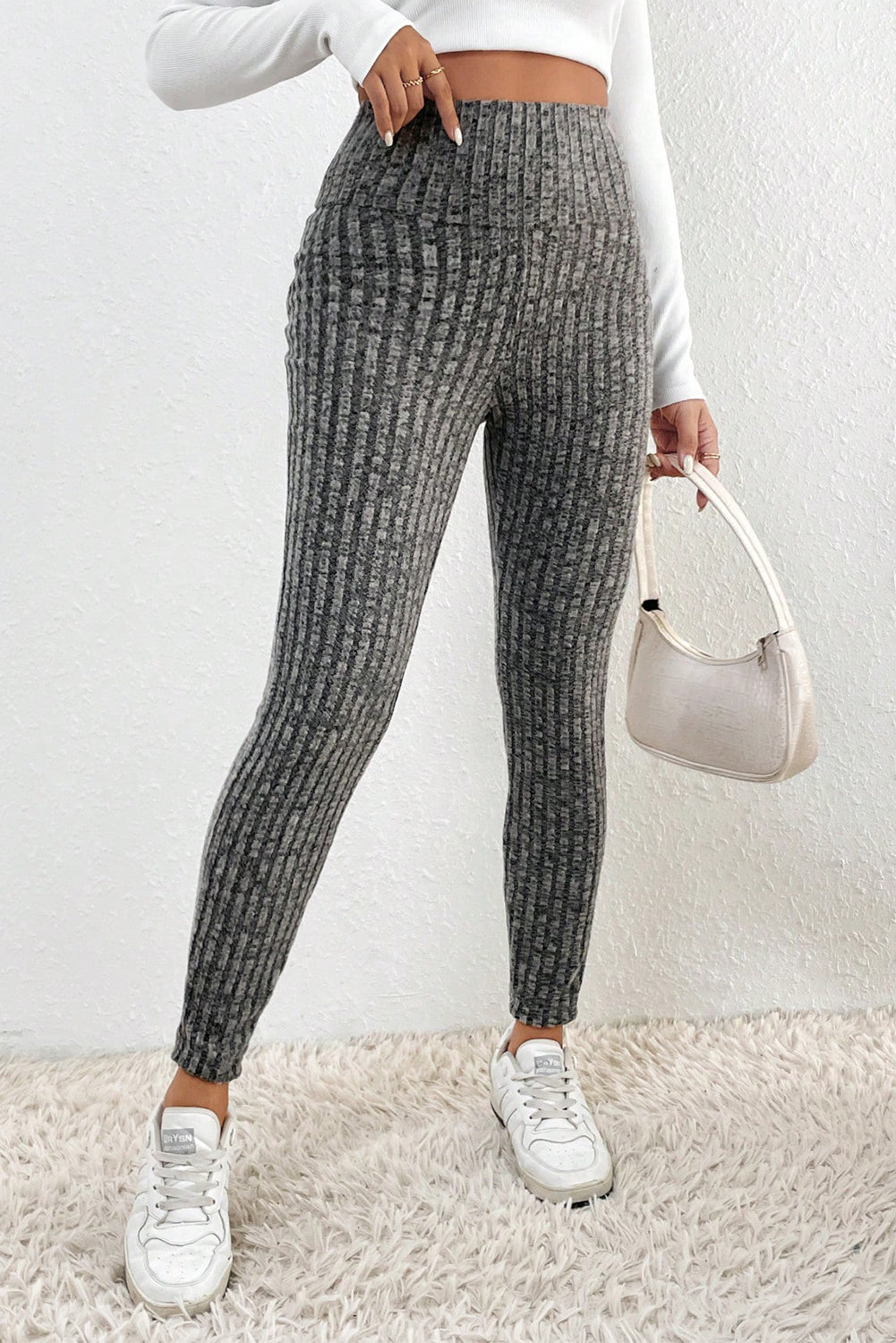 Gray Wide Waistband Ribbed Knit Leggings
