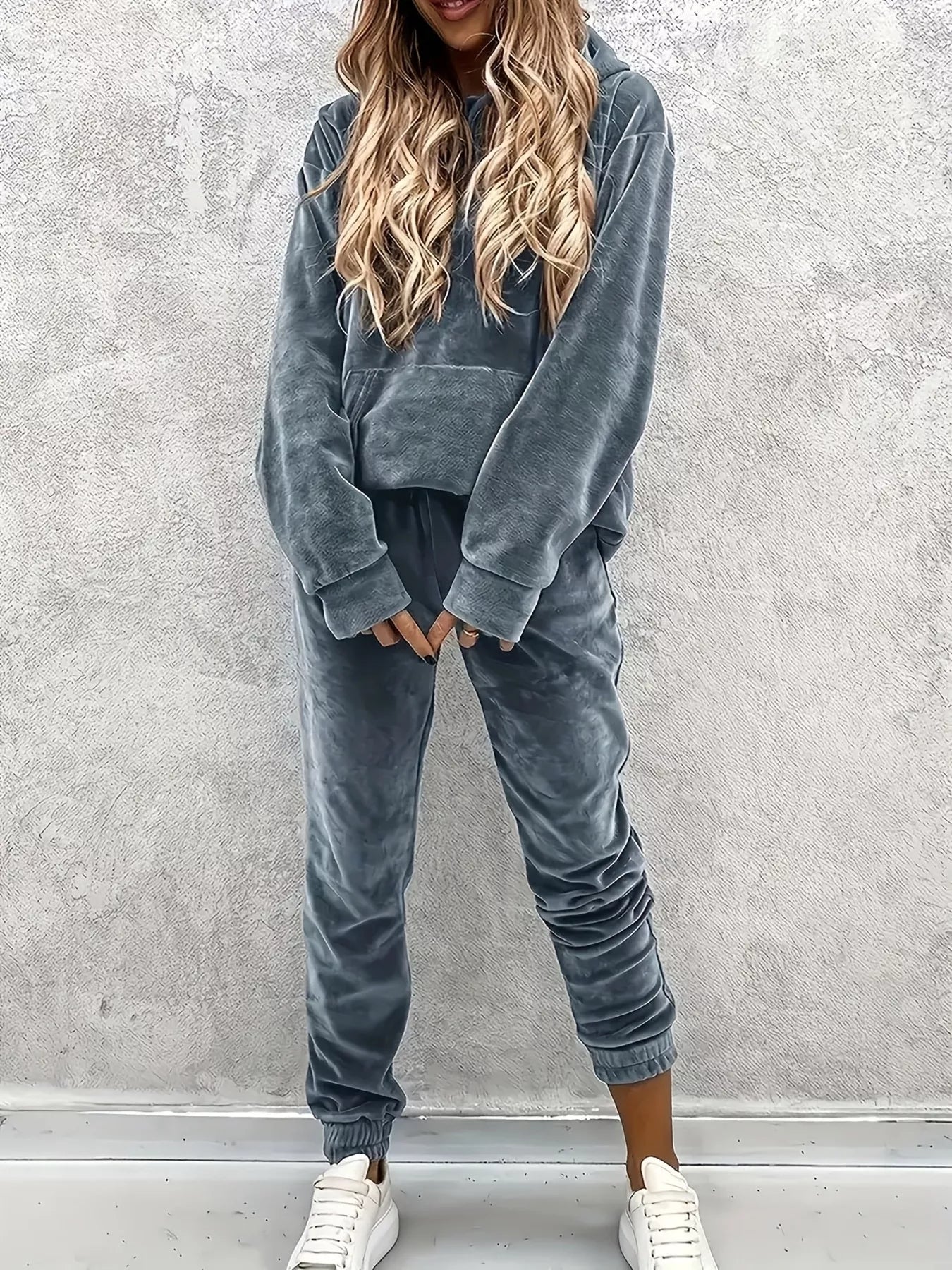 Velvet Long Sleeve Hoodie and Pants Set Gray Bazaare Mart Velvet Long Sleeve Hoodie and Pants Set