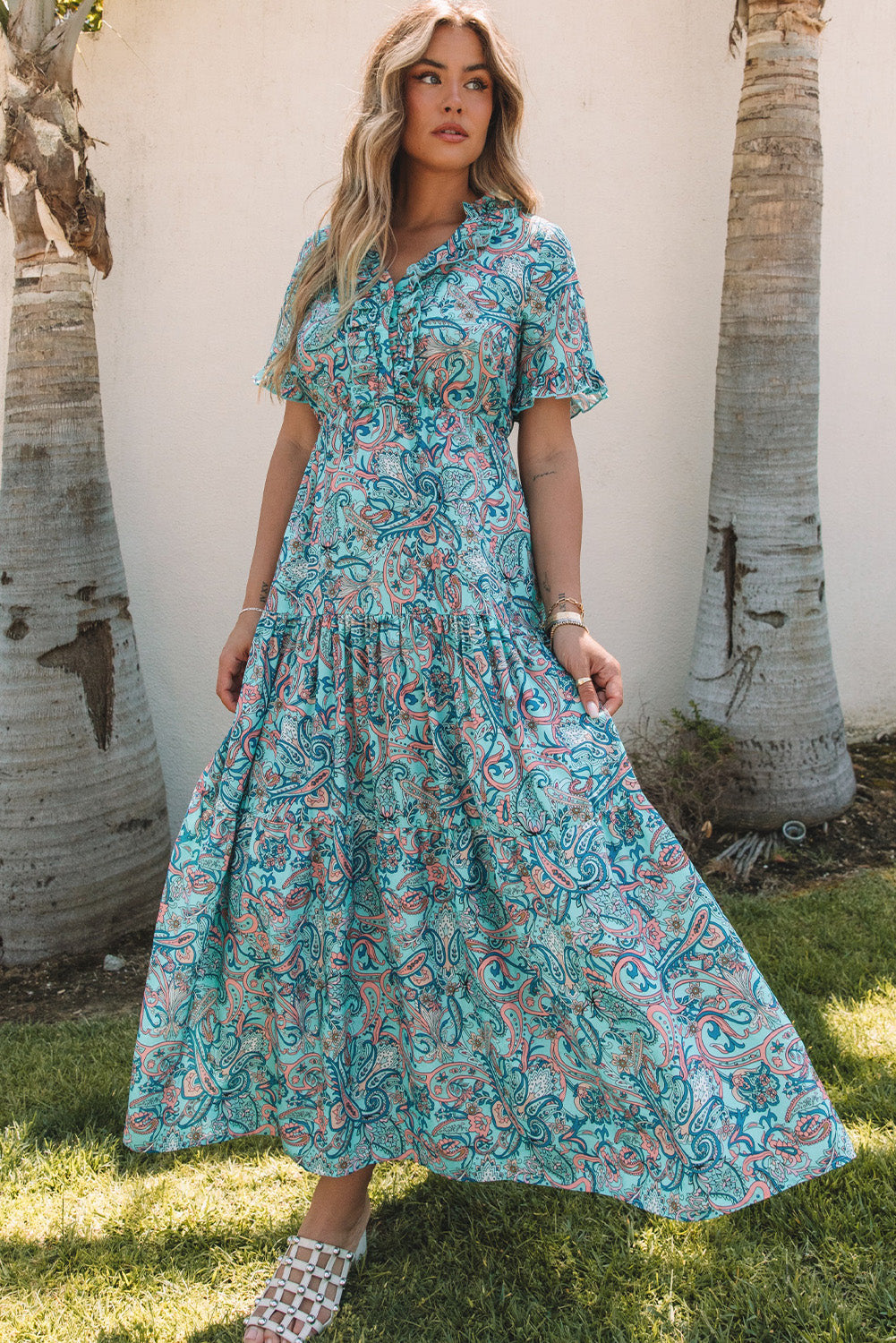 Blue Floral Tiered Short Sleeve Maxi Dress