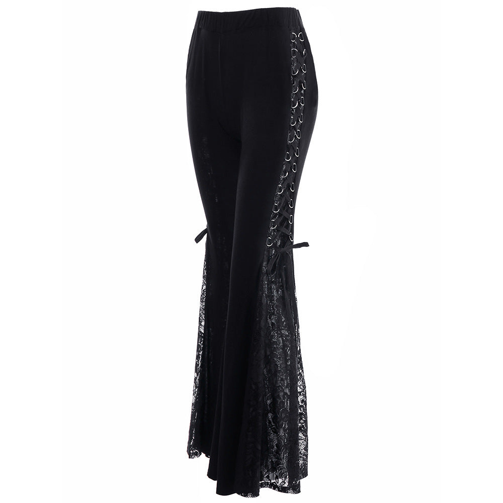 Women’s Black Flared Pants with Lace Trim – Elegant High-Stretch Commuter CJ Dropshipping Lace Trim Flared Pants