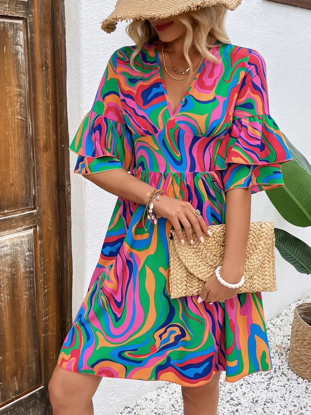 Ruffled Printed V-Neck Half Sleeve Mini Dress Bazarre Mart Dress