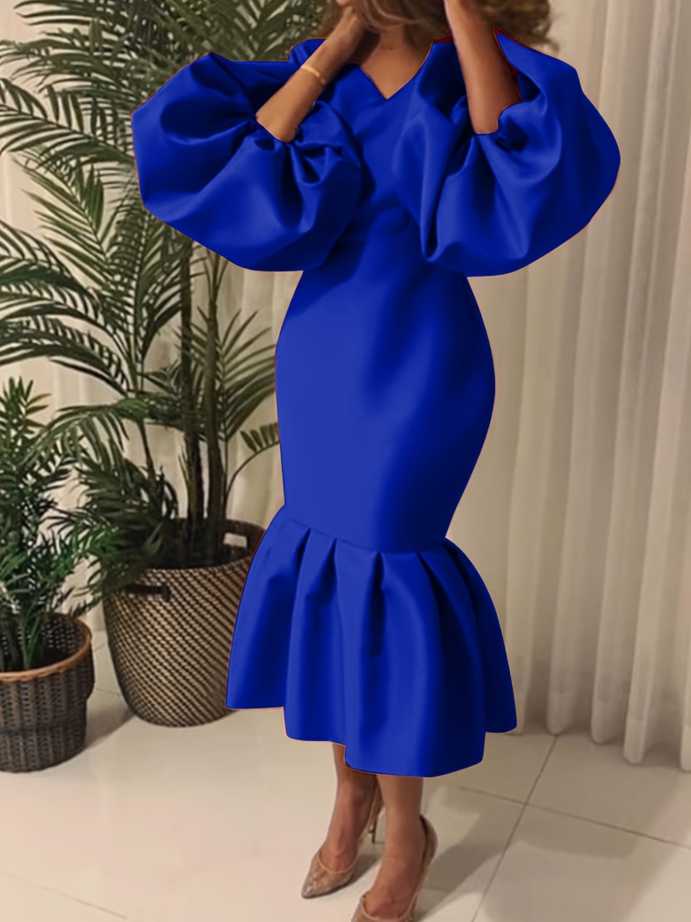 Cowl Neck Balloon Sleeve Mermaid Dress