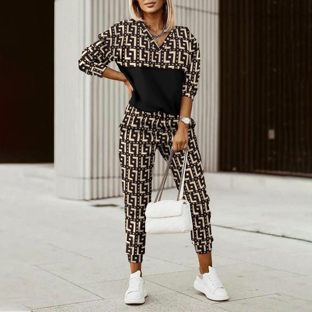 Casual Geo Print Long Sleeve Pants Set - Bazaare Mart