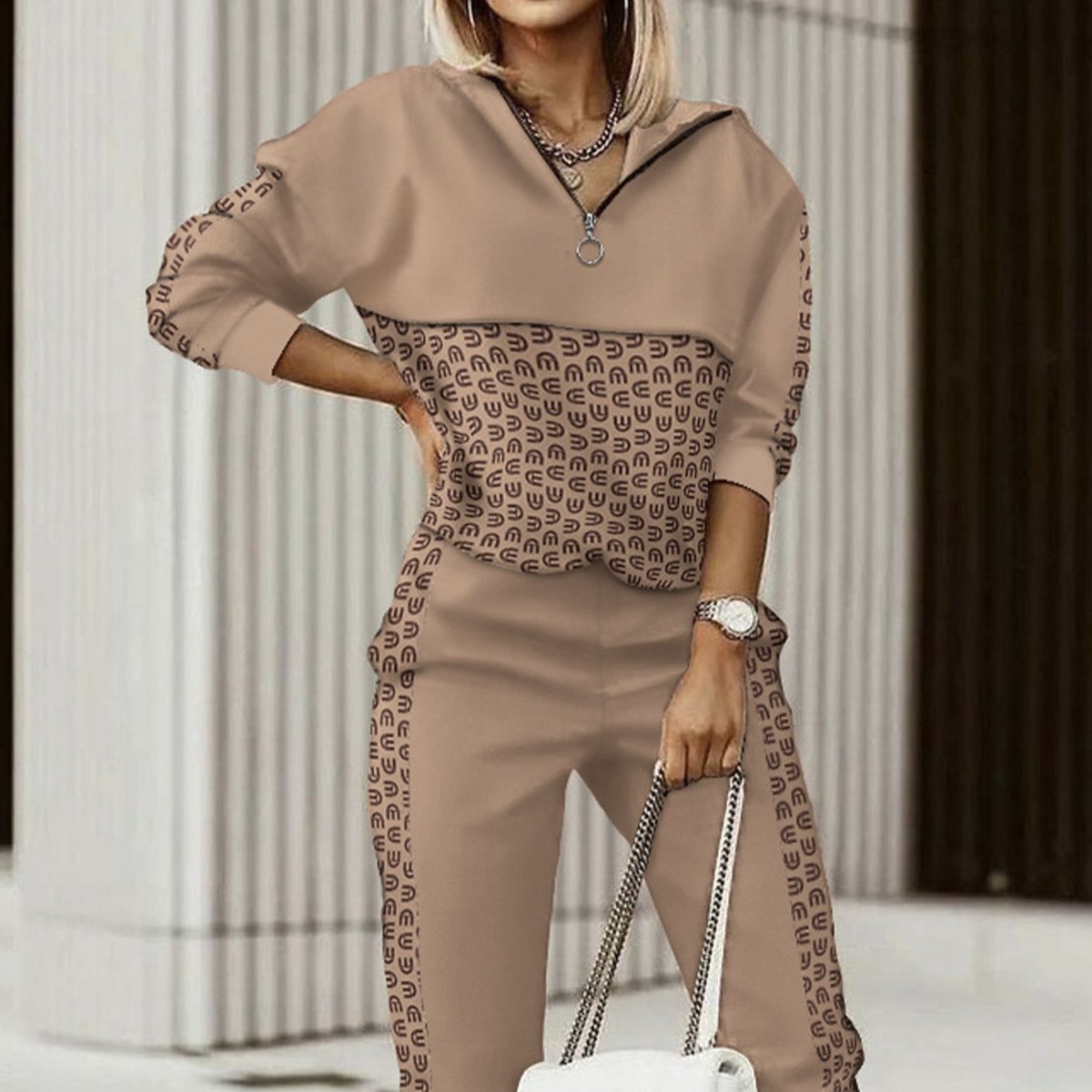 Casual Geo Print Long Sleeve Pants Set - Bazaare Mart