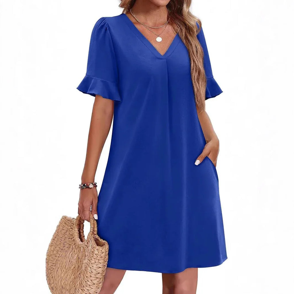 Casual V-neck Ruffled Half Sleeve Dress Bazaare Mart Ruffle Short Sleeve Casual Dress