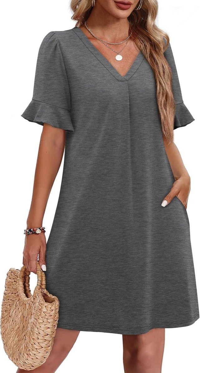 Casual V - neck Ruffled Half Sleeve Dress - Bazaare Mart