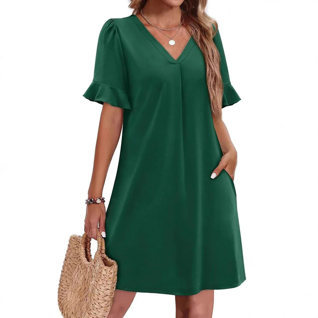 Casual V-neck Ruffled Half Sleeve Dress Bazaare Mart Ruffle Short Sleeve Casual Dress
