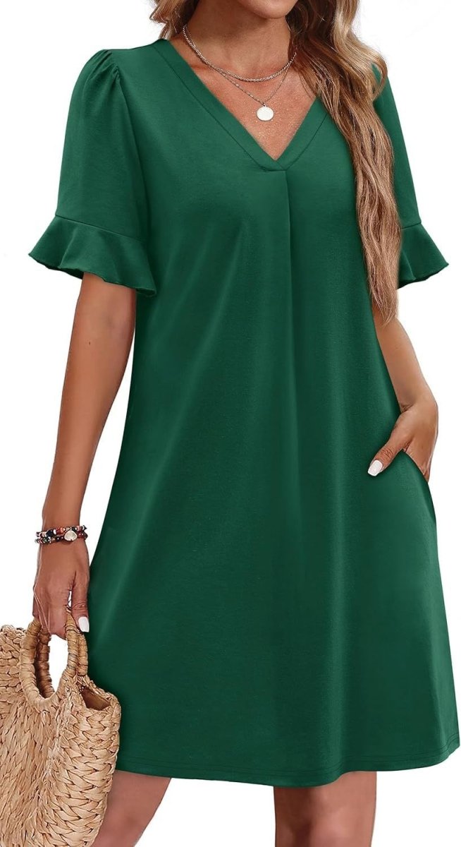 Casual V - neck Ruffled Half Sleeve Dress - Bazaare Mart