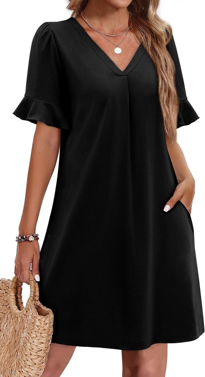 Casual V - neck Ruffled Half Sleeve Dress - Bazaare Mart