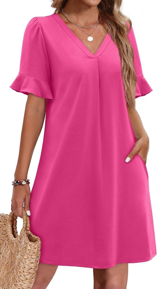 Casual V - neck Ruffled Half Sleeve Dress - Bazaare Mart