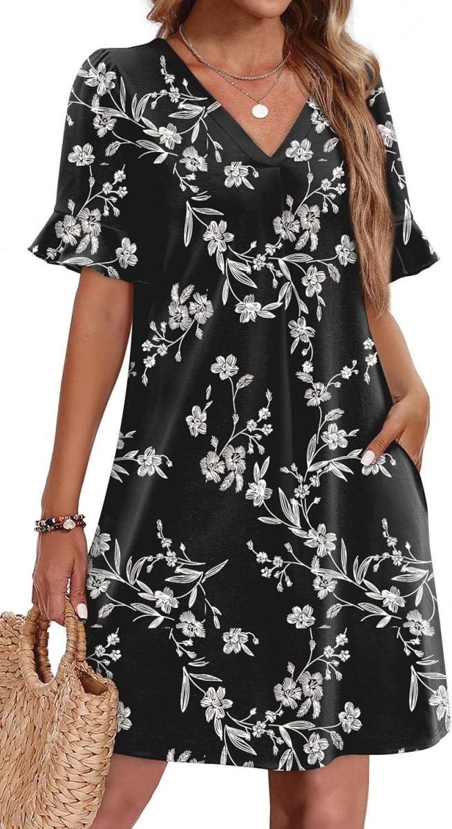 Casual V - neck Ruffled Half Sleeve Dress - Bazaare Mart