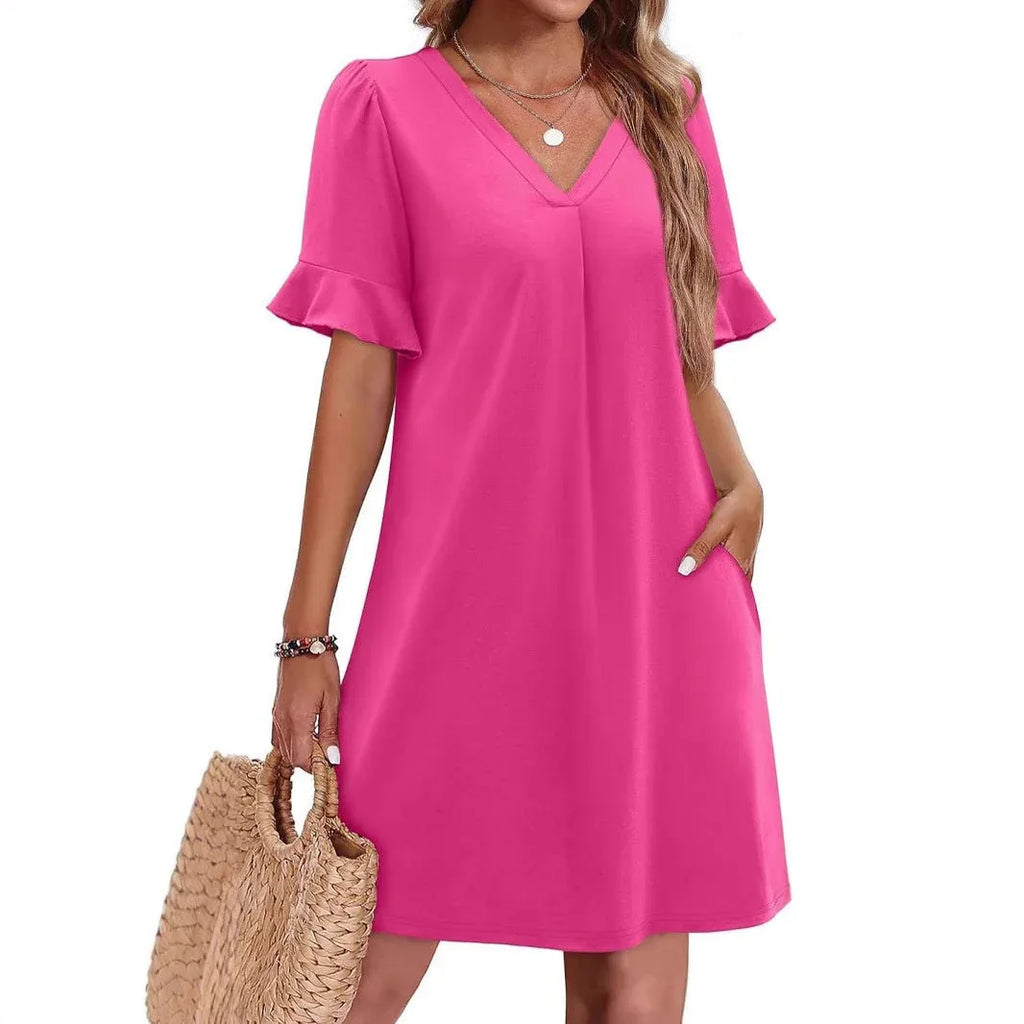 Casual V-neck Ruffled Half Sleeve Dress Bazaare Mart Ruffle Short Sleeve Casual Dress