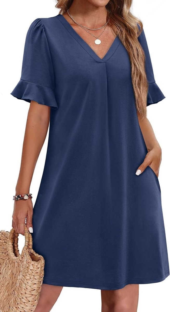 Casual V - neck Ruffled Half Sleeve Dress - Bazaare Mart