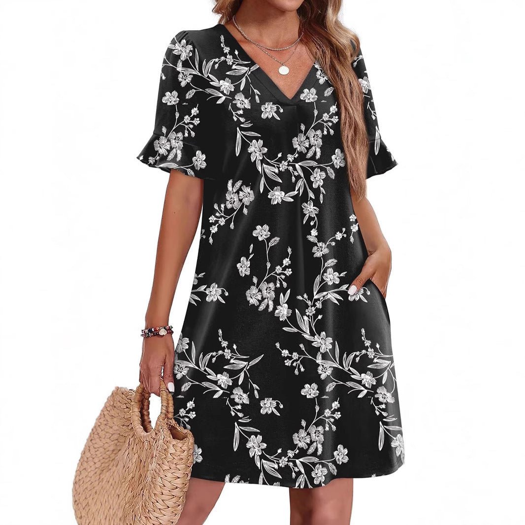Casual V - neck Ruffled Half Sleeve Dress - Bazaare Mart
