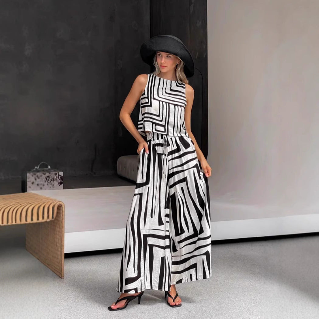 B&W Sleeveless Top and Wide-leg Pants Set CJ Dropshipping B&W Print Sleeveless Pantsuit
