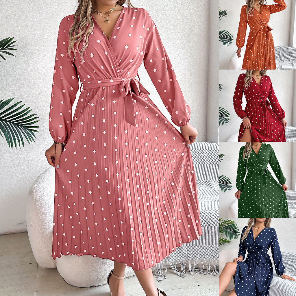 Elegant Polka Dot Pleated Maxi Dress – Cross V-Neck Long Sleeve Shirt Dress CJ Dropshipping Long Sleeve Polka Dot Midi Dress
