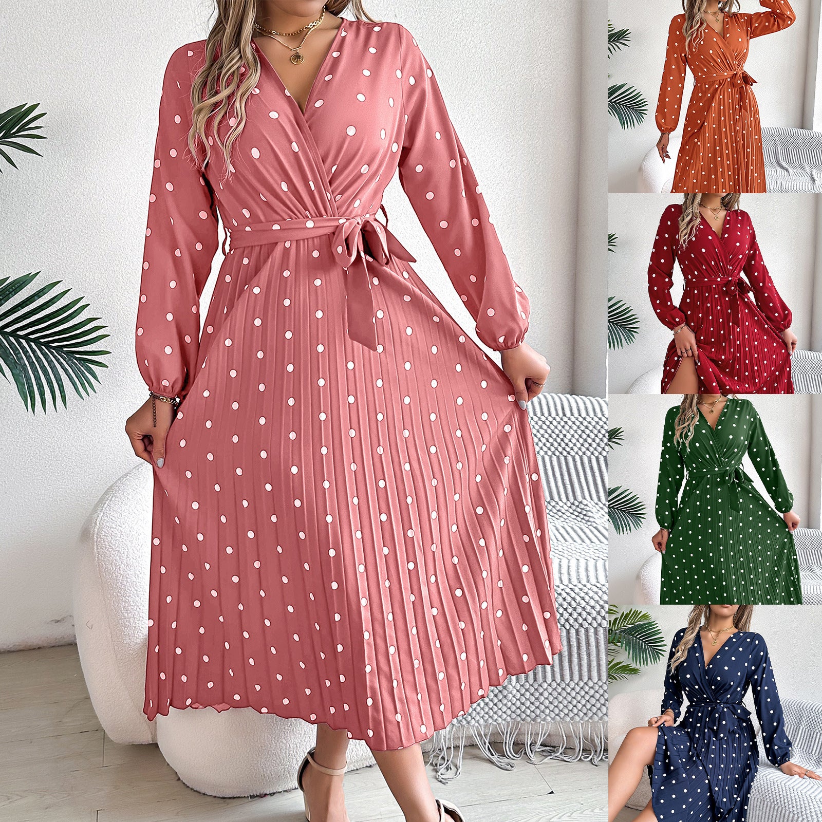 Elegant Polka Dot Pleated Maxi Dress – Cross V-Neck Long Sleeve Shirt Dress CJ Dropshipping Long Sleeve Polka Dot Midi Dress