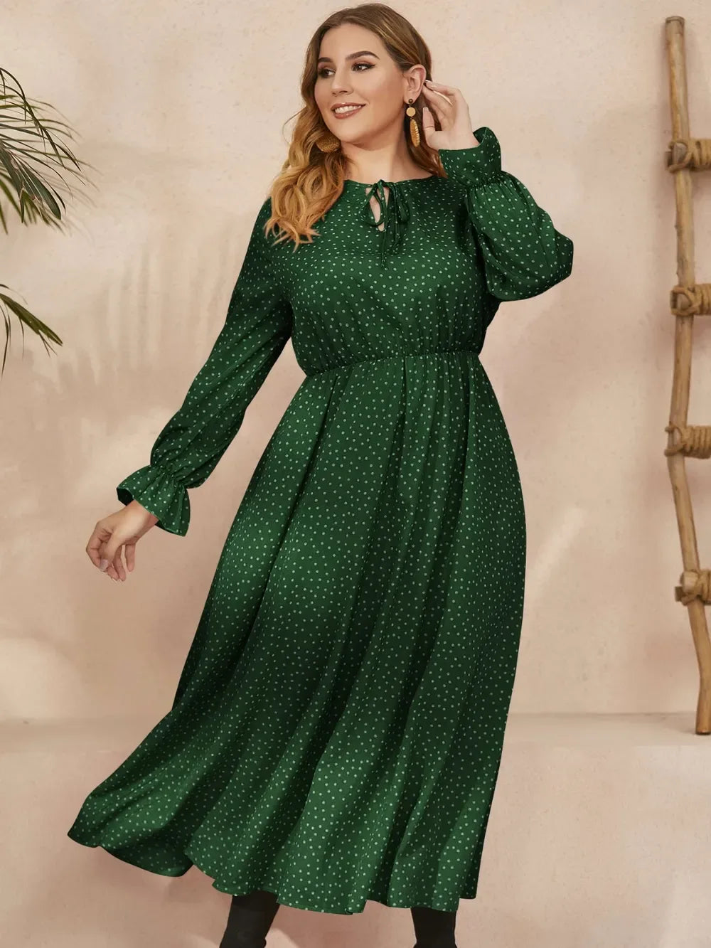 Ruffled Polka Dot Long Sleeve Midi Dress Bazarre Mart Long Sleeve Polka Dot Dress