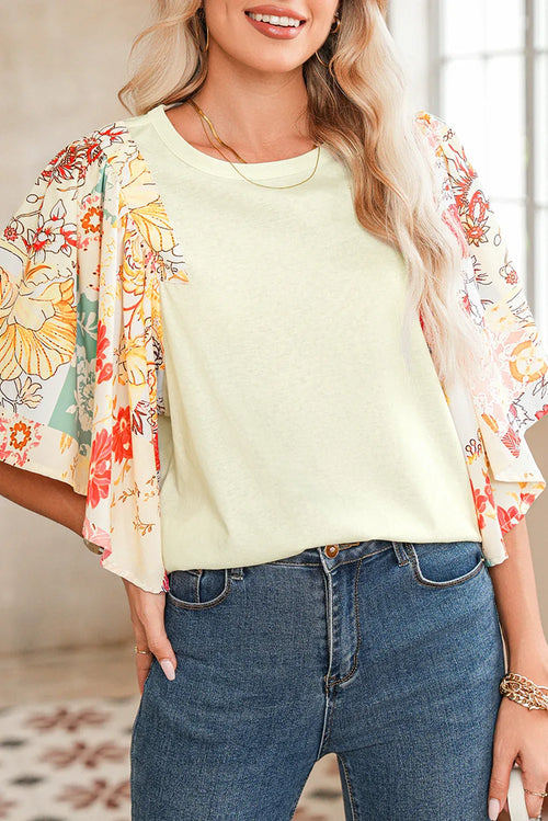 Beige Floral Patchwork Batwing Sleeve Blouse Beige 65%Cotton+35%Polyester Shewin Blouses
