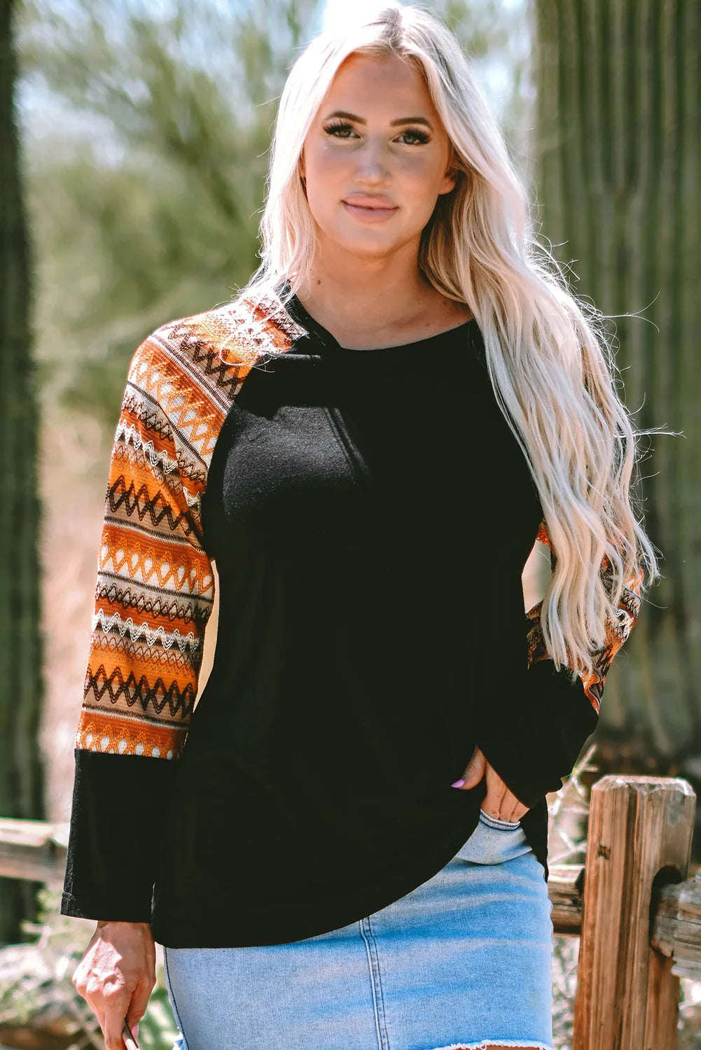 Orange Patchwork Long Sleeve Tee Bazaare Mart Tops/Long Sleeve Tops