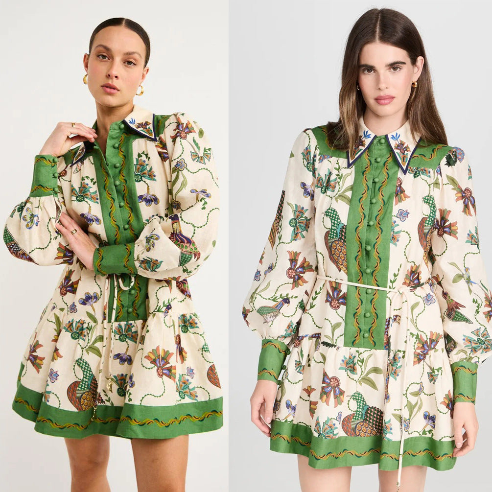 Women’s Floral Print Long Sleeve Mini Dress – Lace-Up Lapel Shirt Dress CJ Dropshipping Classy Green Floral Dress