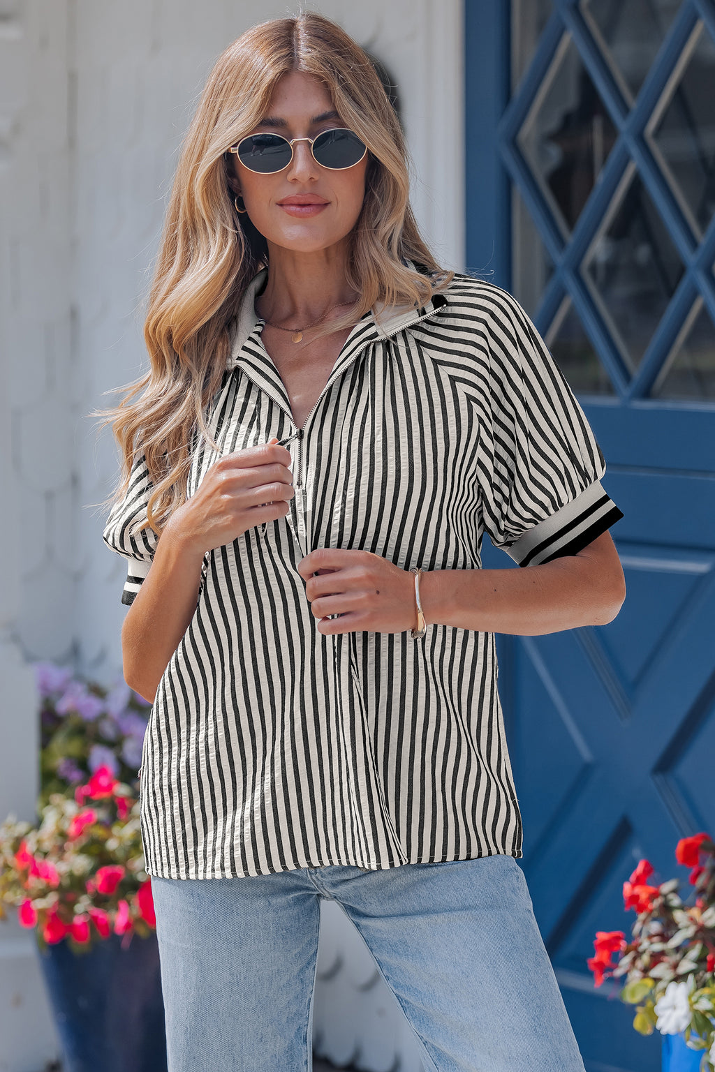 Black Stripe Polo Collar Half Zip Short Puff Sleeve Blouse Dear-Lover Dropshipping Tops/Blouses & Shirts