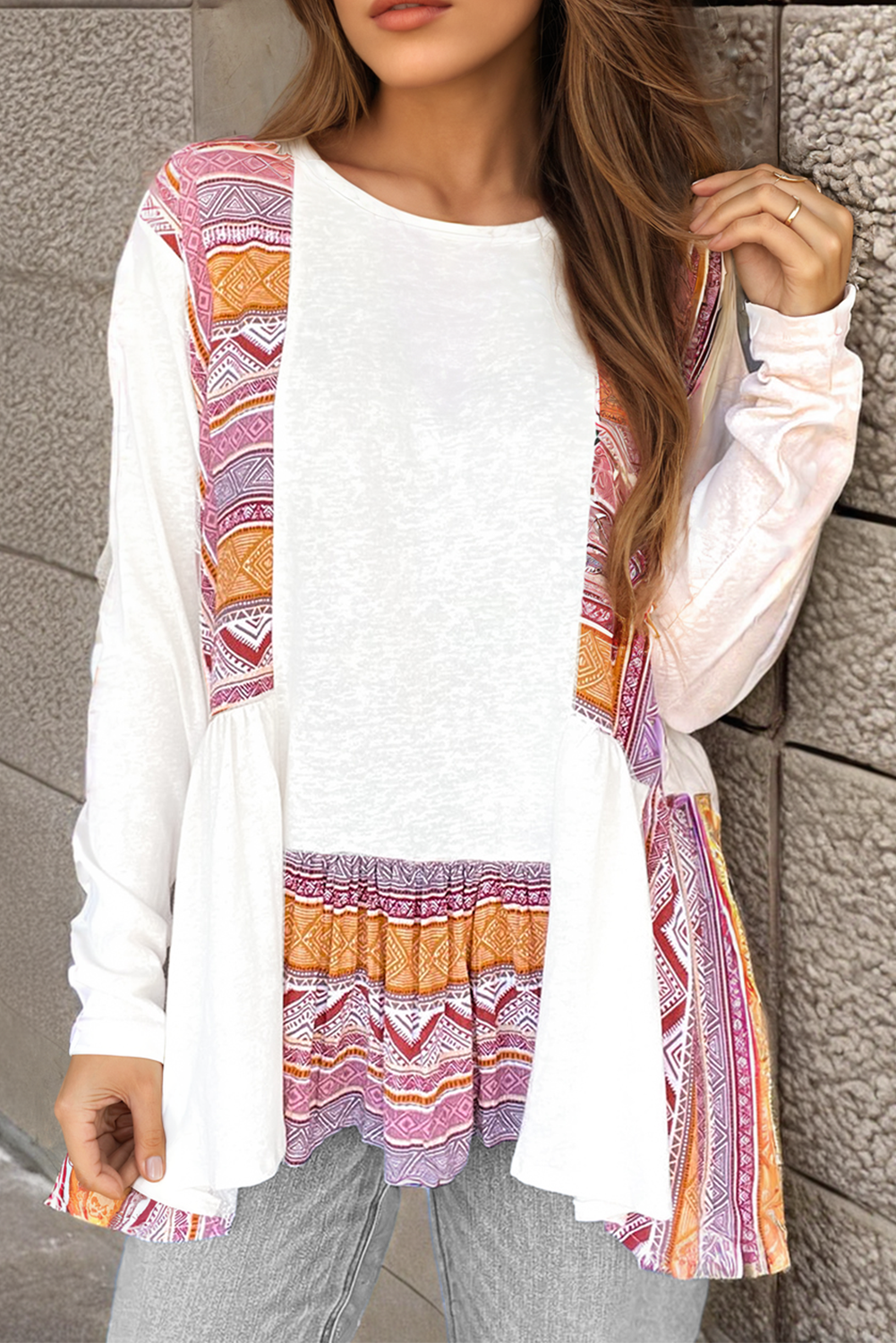Ivory & Aztec Print Colorblock Long Sleeve Top