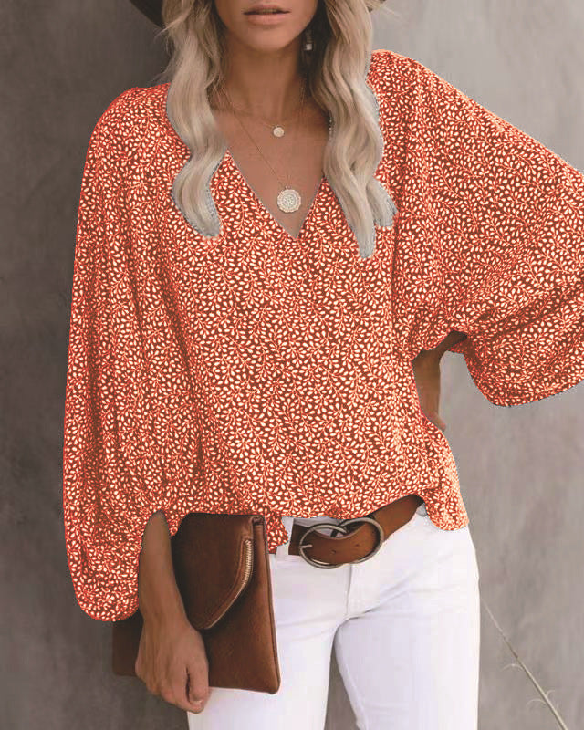 V-Neck Balloon Sleeve Floral Tops
