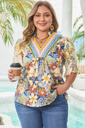 Floral Print Woven V Neck Half Sleeve Blouse Multicolour 100%Polyester Dear-Lover Dropshipping Plus Size/Plus Size Tops/Plus Size Blouses & Shirts