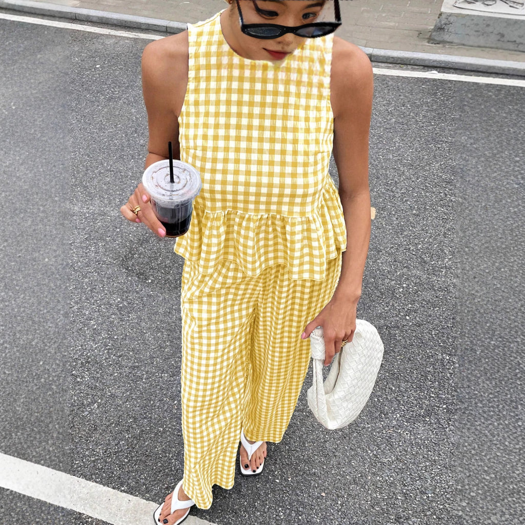 Retro Plaid Sleeveless Top With Ruffled Hem And Straight-leg Pants CJ Dropshipping Retro Plaid Sleeveless Pants Set