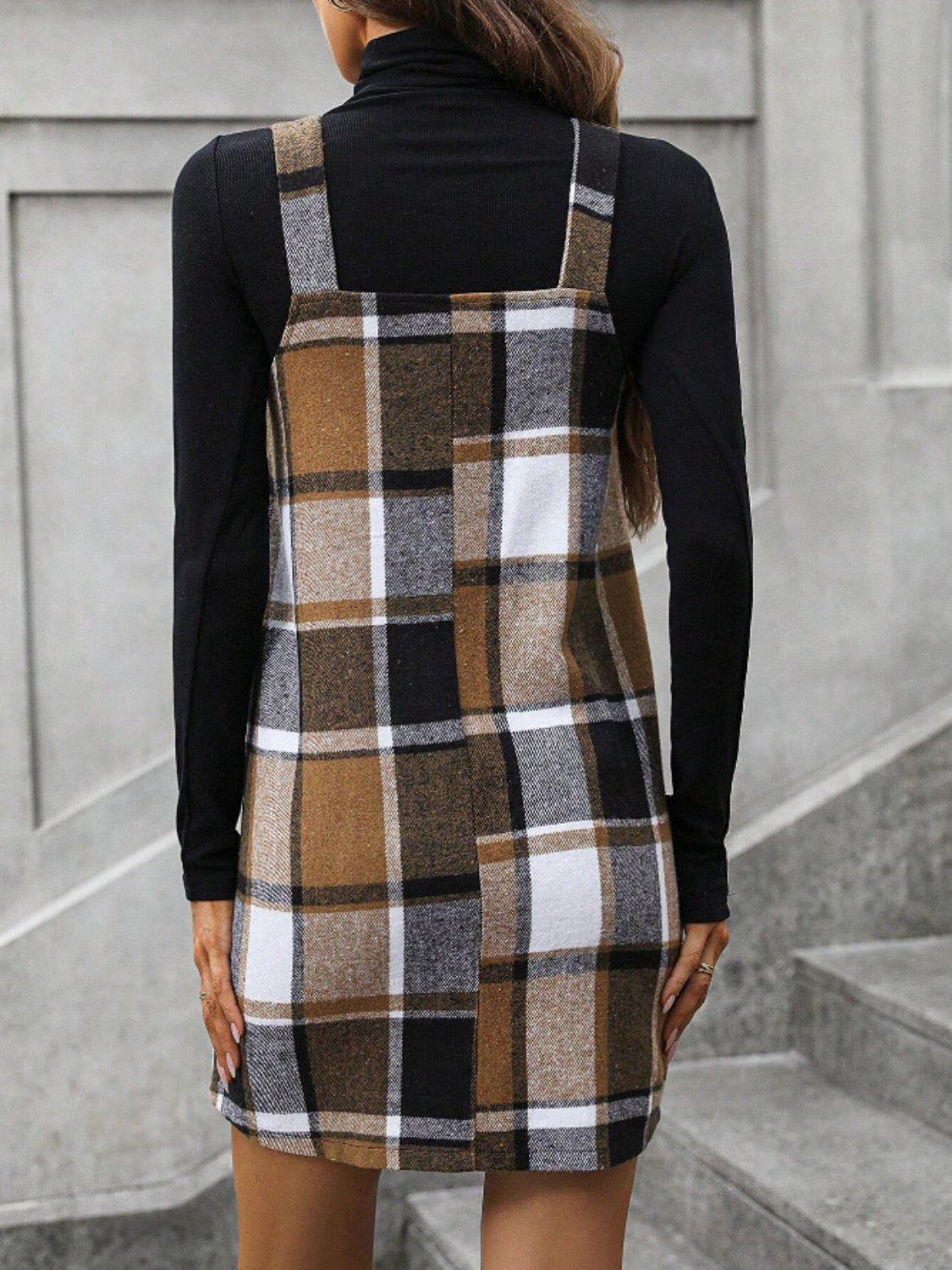 Brown Plaid V-Neck Wide Strap Jumper