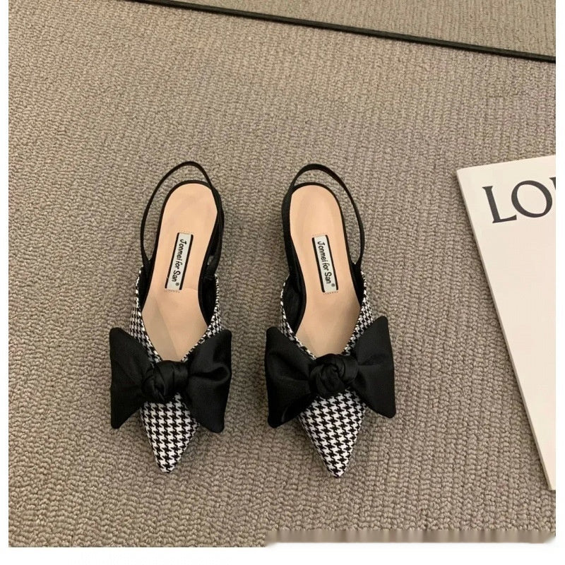 French-Style Bow Pointed Toe Flats – Elegant Slip-On Closed-Toe Sandals for Women Houndstooth CJ Dropshipping Pointed Toe Low Heel Dot Slings
