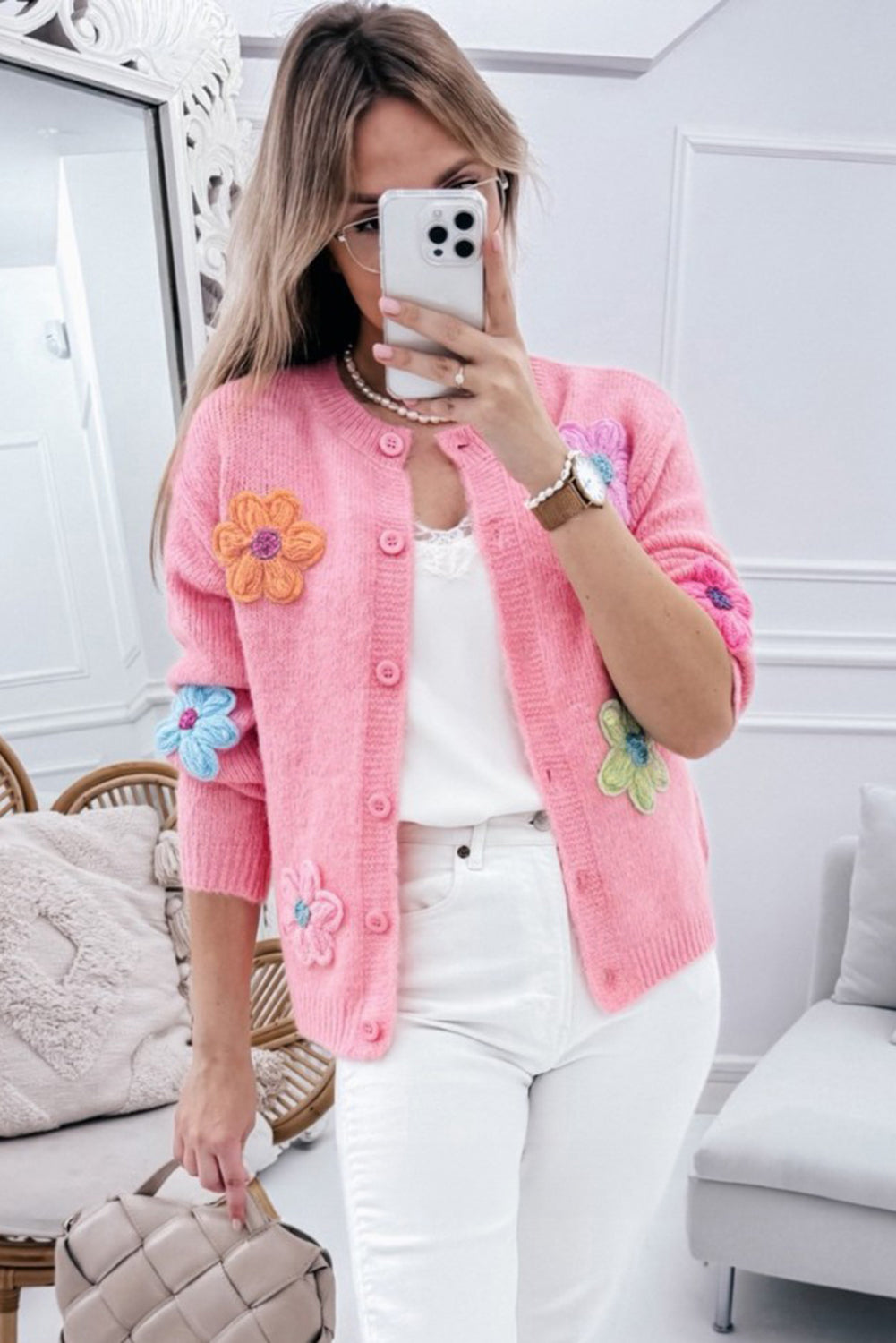 Pink Knit Floral Button Up Cardigan