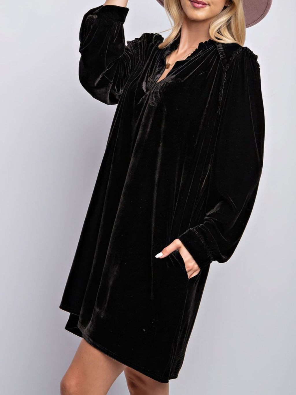 Velvet Long Sleeve Dress with Pockets