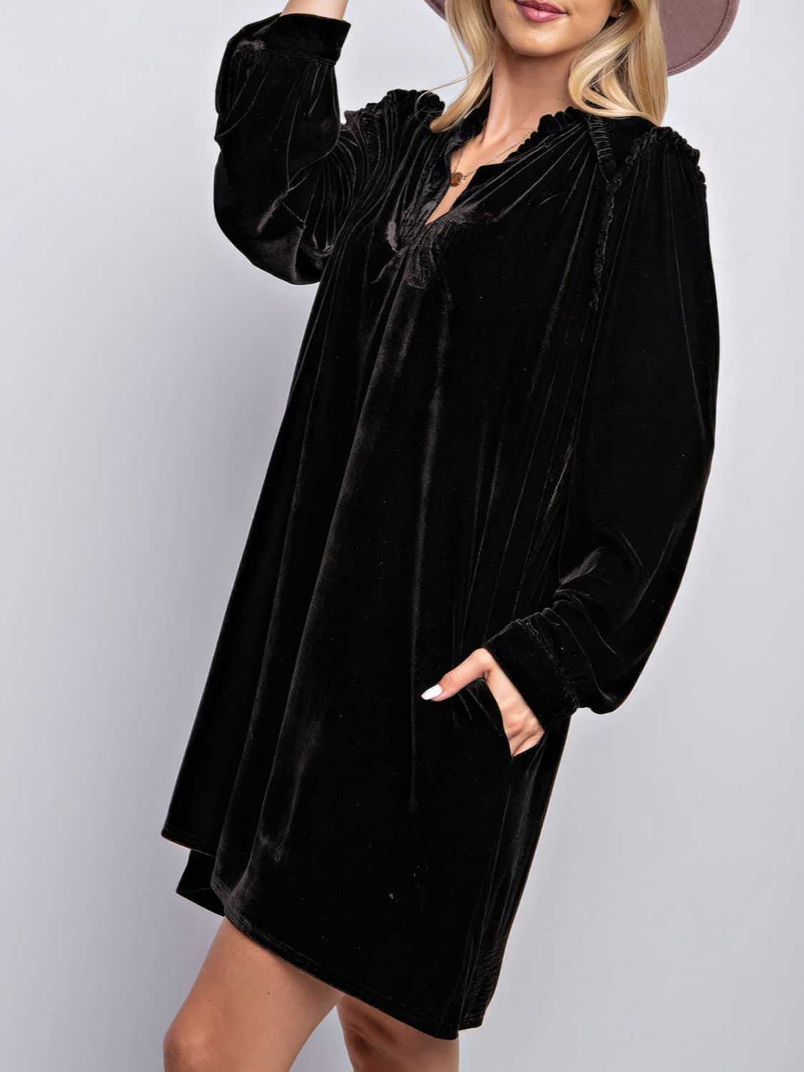 Velvet Long Sleeve Dress with Pockets