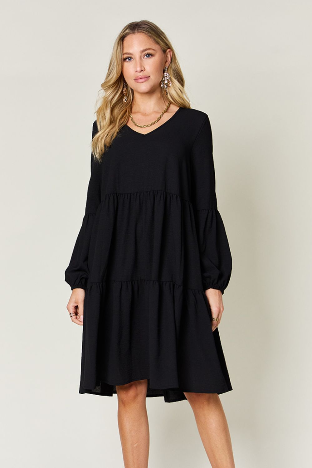 Black V-Neck Balloon Sleeve Tiered Dress with Pockets