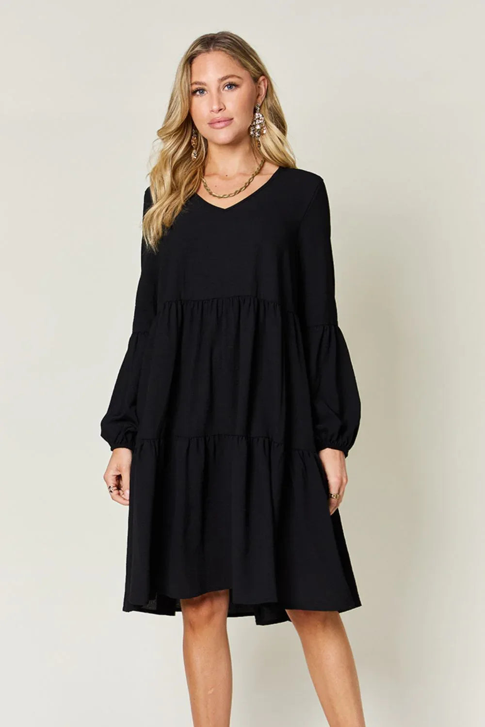 Solid V-Neck Long Balloon Sleeve Tiered Dress Black Bazaare Mart Long Sleeve Layered Dress
